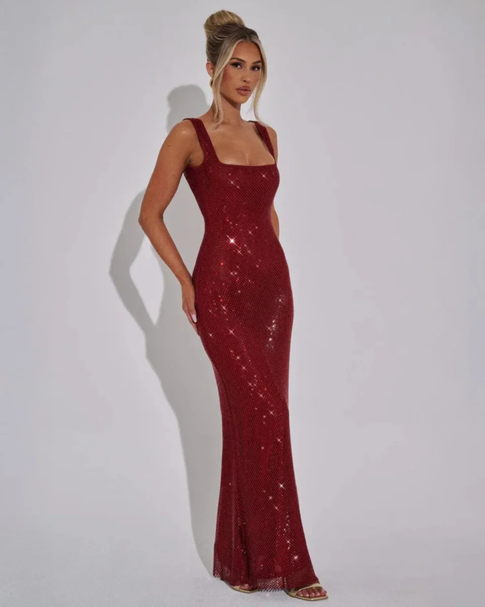Vestido de Festa com Decote Quadrado Ornamental - Image 9