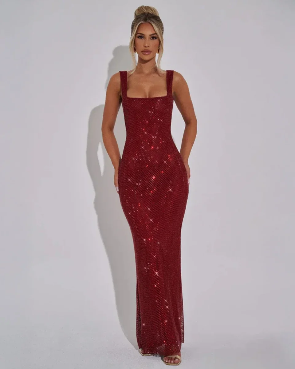 Vestido de Festa com Decote Quadrado Ornamental - Image 3
