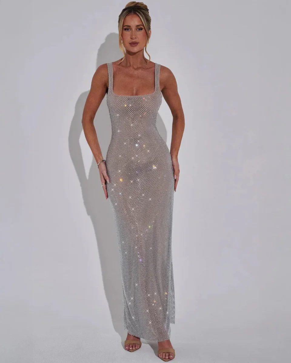 Vestido de Festa com Decote Quadrado Ornamental - Image 4