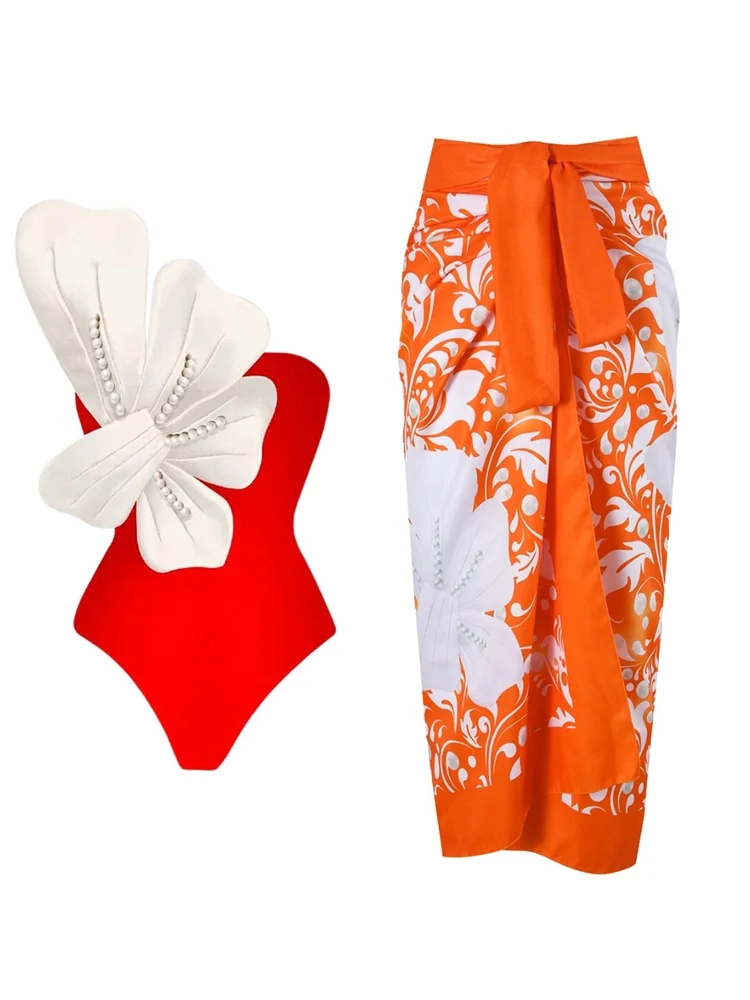 Orange Swimsuit Set Pearl Flower Detail - Image 2