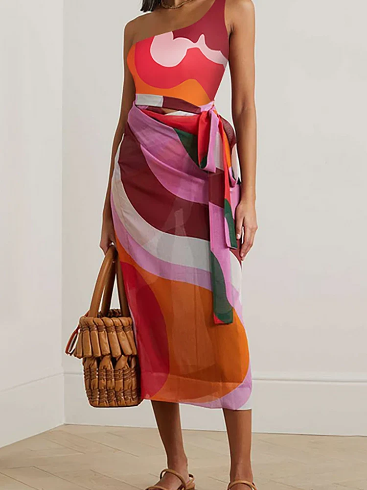 Geometric Print One Piece Swimsuit Set - Image 2