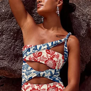 Red Blue Patchwork Ethnic Print Swimsuit
