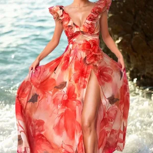 Ruffle Trim Vacation Print Swimsuit Set