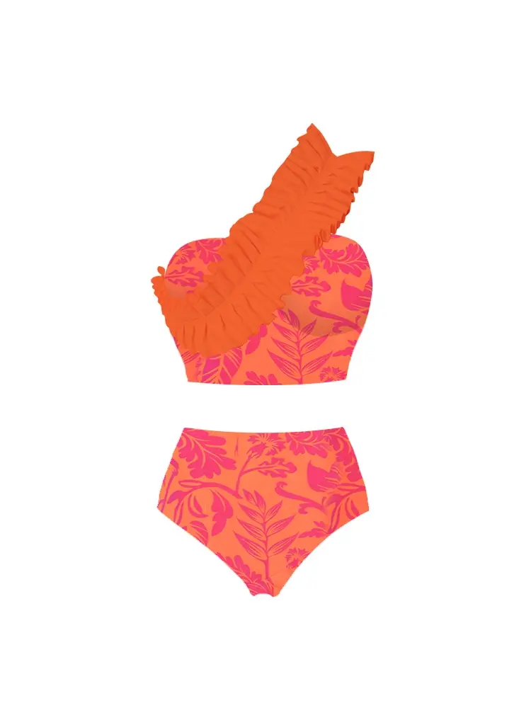 One Shoulder Ruched Print High Waist Bikini Set - Image 4