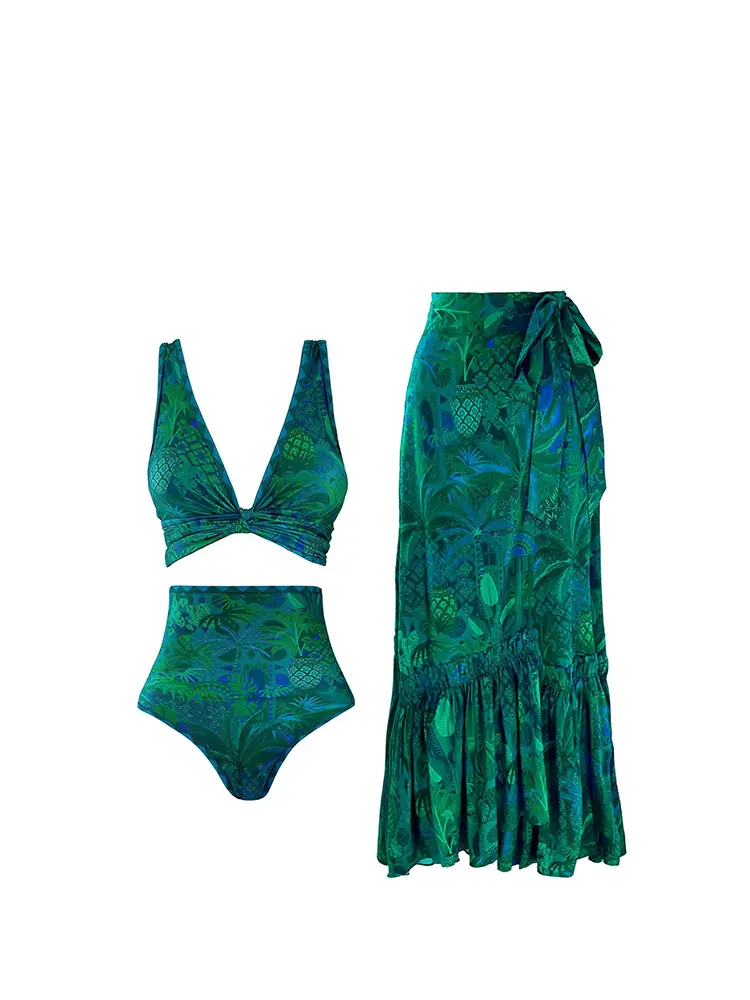 Reversible Green Print High-Waist Bikini Set - Image 6