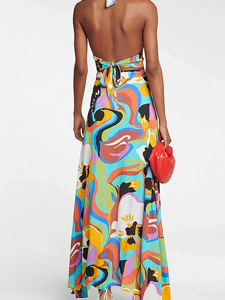 Deep V Halter Neck Print Sexy Swimsuit Set - Image 3