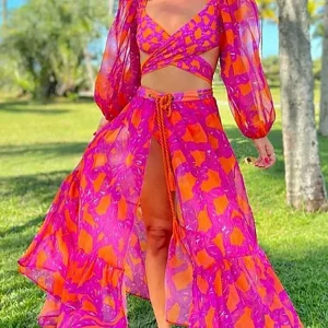 Long-Sleeve Tie-Up Printed Swimsuit Set