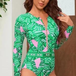 Green Zip Long Sleeve Printed Surf Swimsuit Set