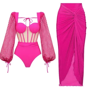Fluorescent Pink Backless Swimsuit Set