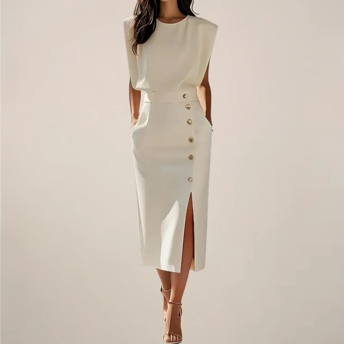 Vestido Midi Sem Mangas com Detalhe em Botões - Image 3