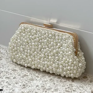 Clutch Norma Jean em Pérola Falsa - Creme e Dourado