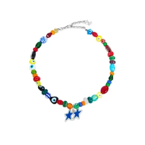 TwoJeys ★★™ Blue Melted Stars Necklace - 12 microns silver plated chain w/ Stained-glass beads