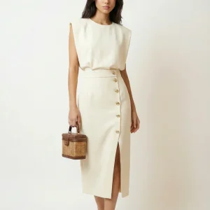 Vestido Midi Sem Mangas com Detalhe em Botões