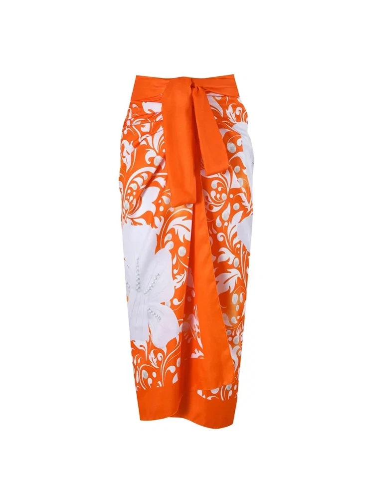 Orange Swimsuit Set Pearl Flower Detail - Image 4
