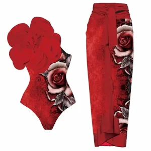 3D Red Floral Bust Accent Printed Swimsuit