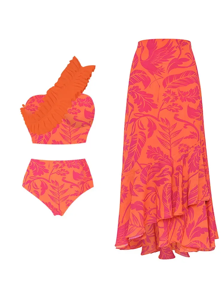 One Shoulder Ruched Print High Waist Bikini Set - Image 2