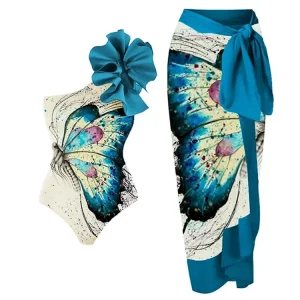 One Shoulder Butterfly Print Floral Swimsuit