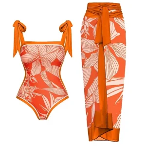 Tie Strap Print One Piece Swimsuit Set