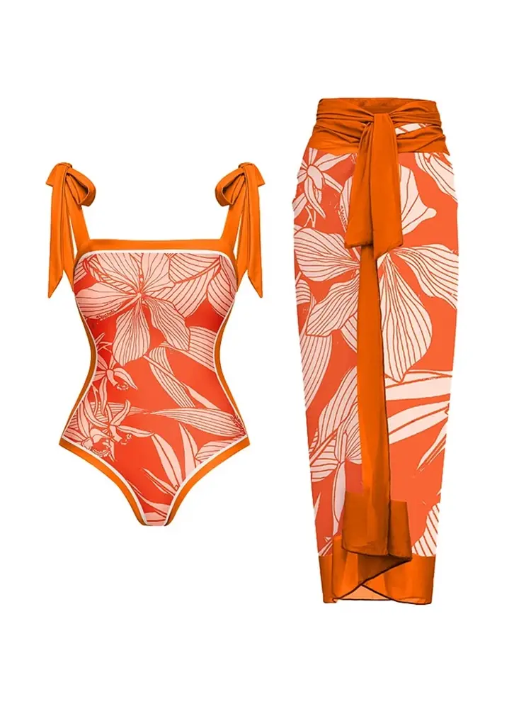 Tie Strap Print One Piece Swimsuit Set - Image 2