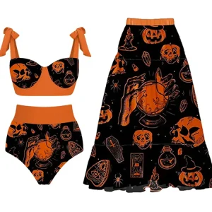 Halloween Pumpkin Skull Print Bikini Set
